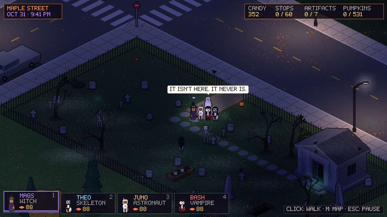 The crew in the cemetery late at night, where a small ghost says: it isn't here, it never is.