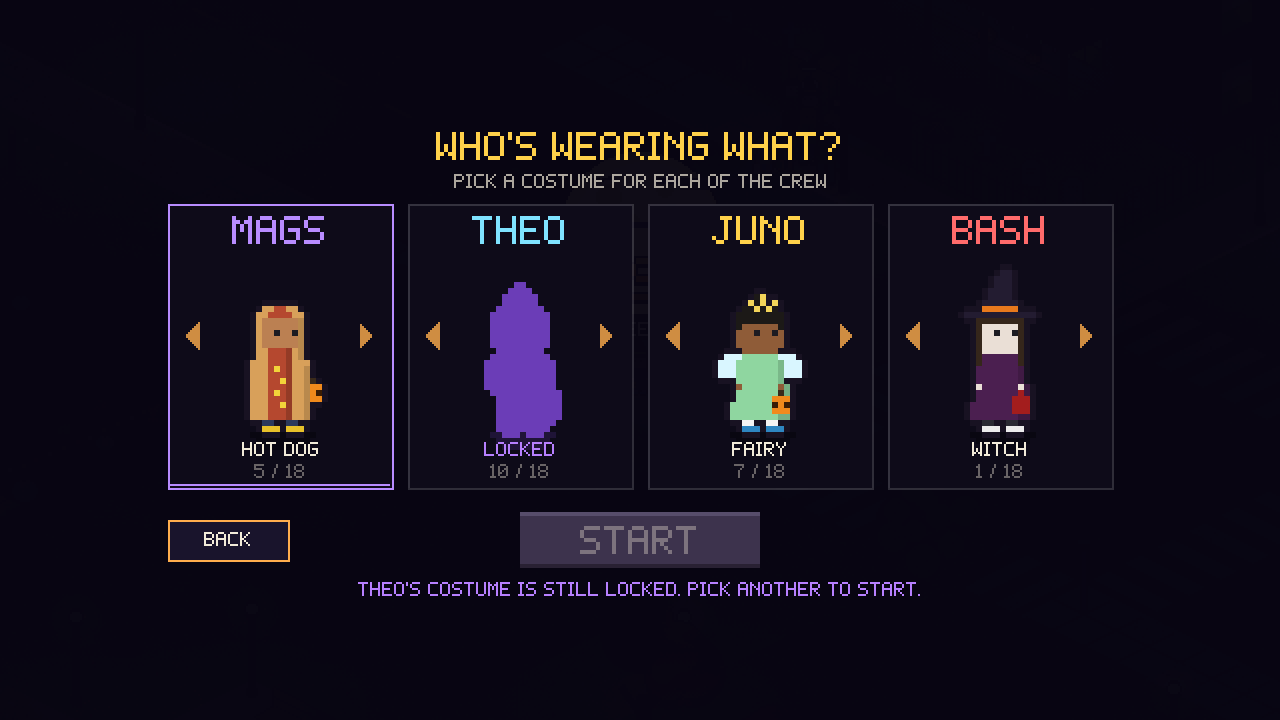 The costume screen, with three of the kids dressed as a hot dog, a fairy and a witch, and the fourth a purple shadow marked locked.