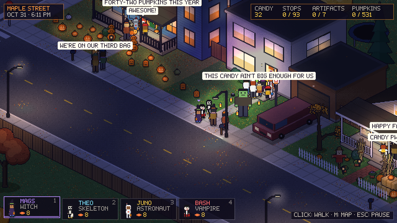 A busy street of decorated houses, with an inflatable monster on one lawn and pumpkins along the fences.