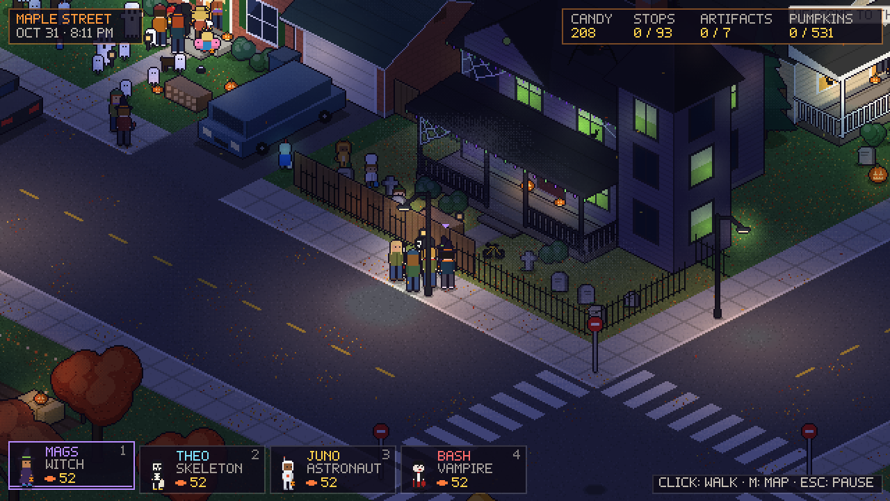 The crew at the gate of a dark manor with green-lit windows, behind an iron fence.