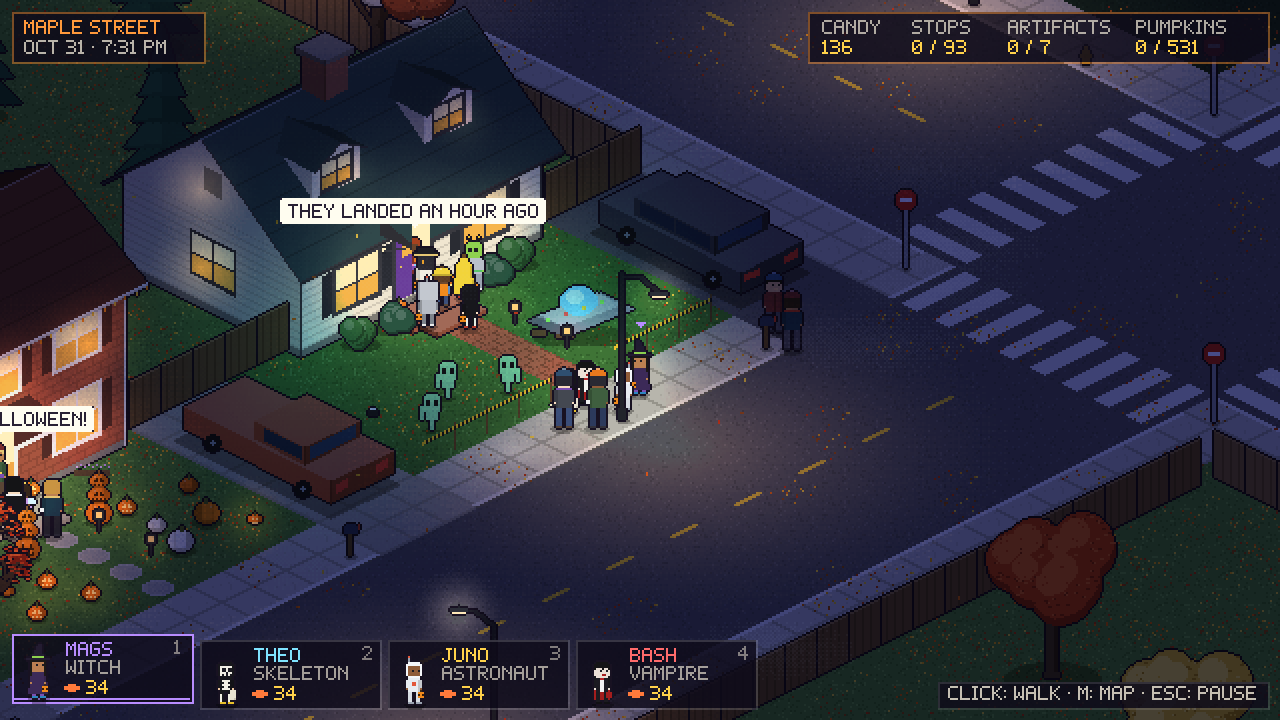Four costumed kids at the door of a house with a crashed flying saucer and little green aliens on the lawn, with speech bubbles from the neighbours all around.