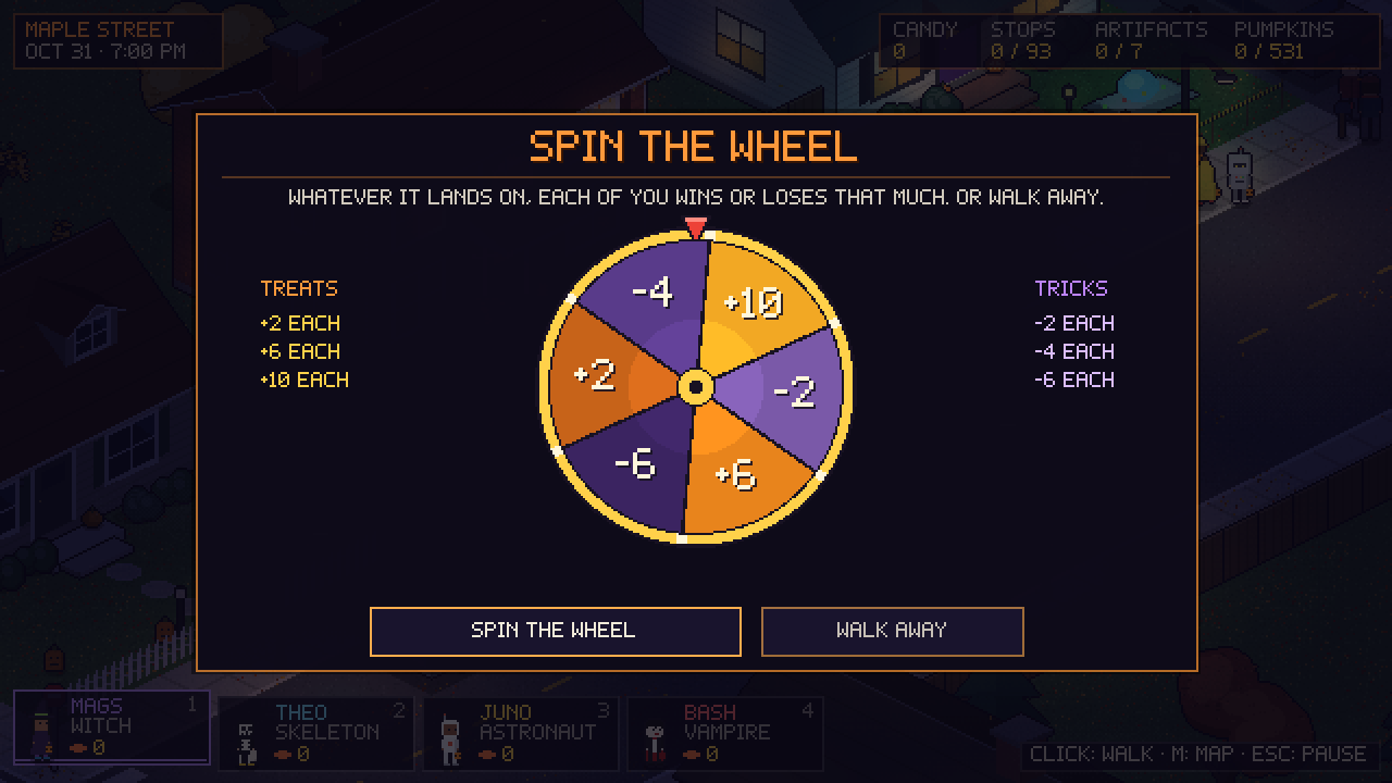 The Spin the Wheel mini-game: a wheel of treats and tricks worth plus or minus candy.
